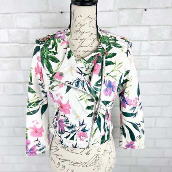 Guess Floral Print Moto Leather Zip Up Jacket Size Small - Picture 15 of 15